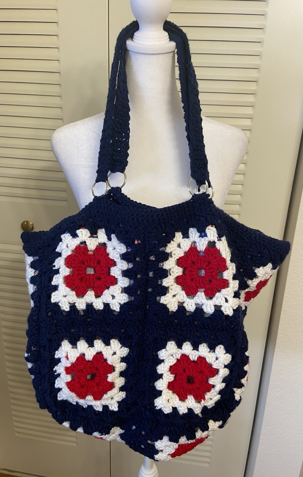 Handmade Crochet Red, White,Blue farmer’s market and all around great lined tote