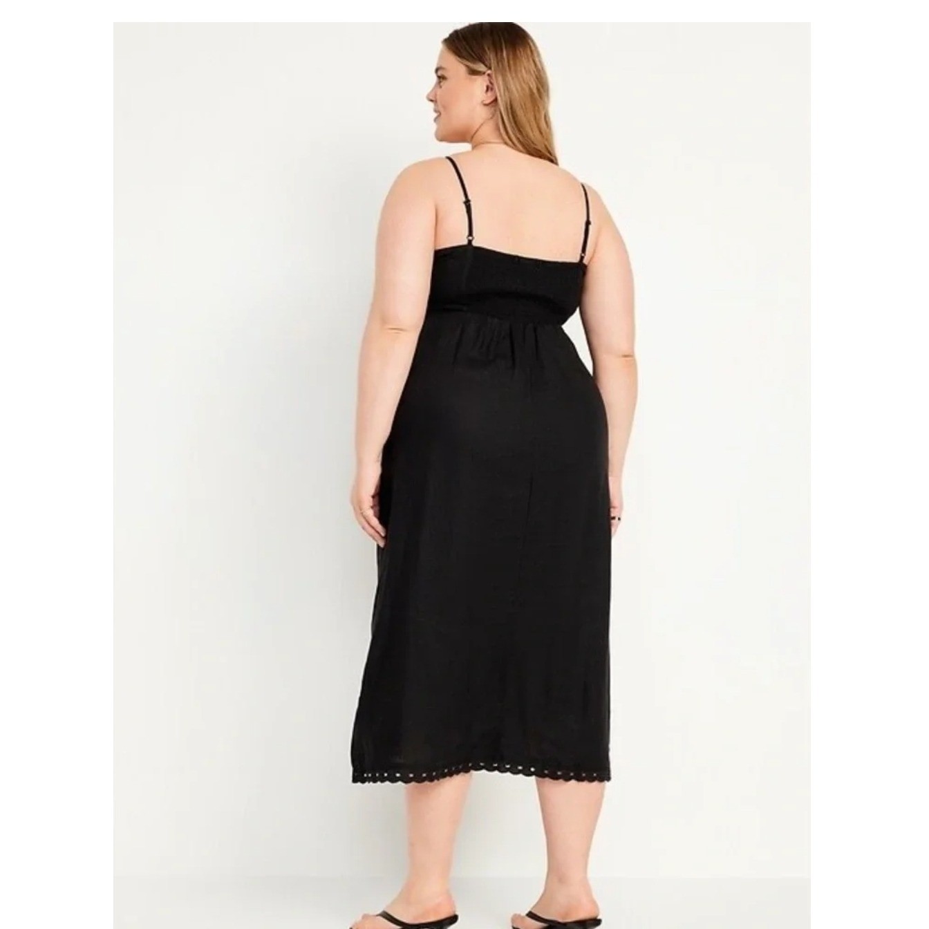 Old Navy Black Linen Blend Eyelet Hem Midi Slip Dress XL Smocked Back SP24/M04