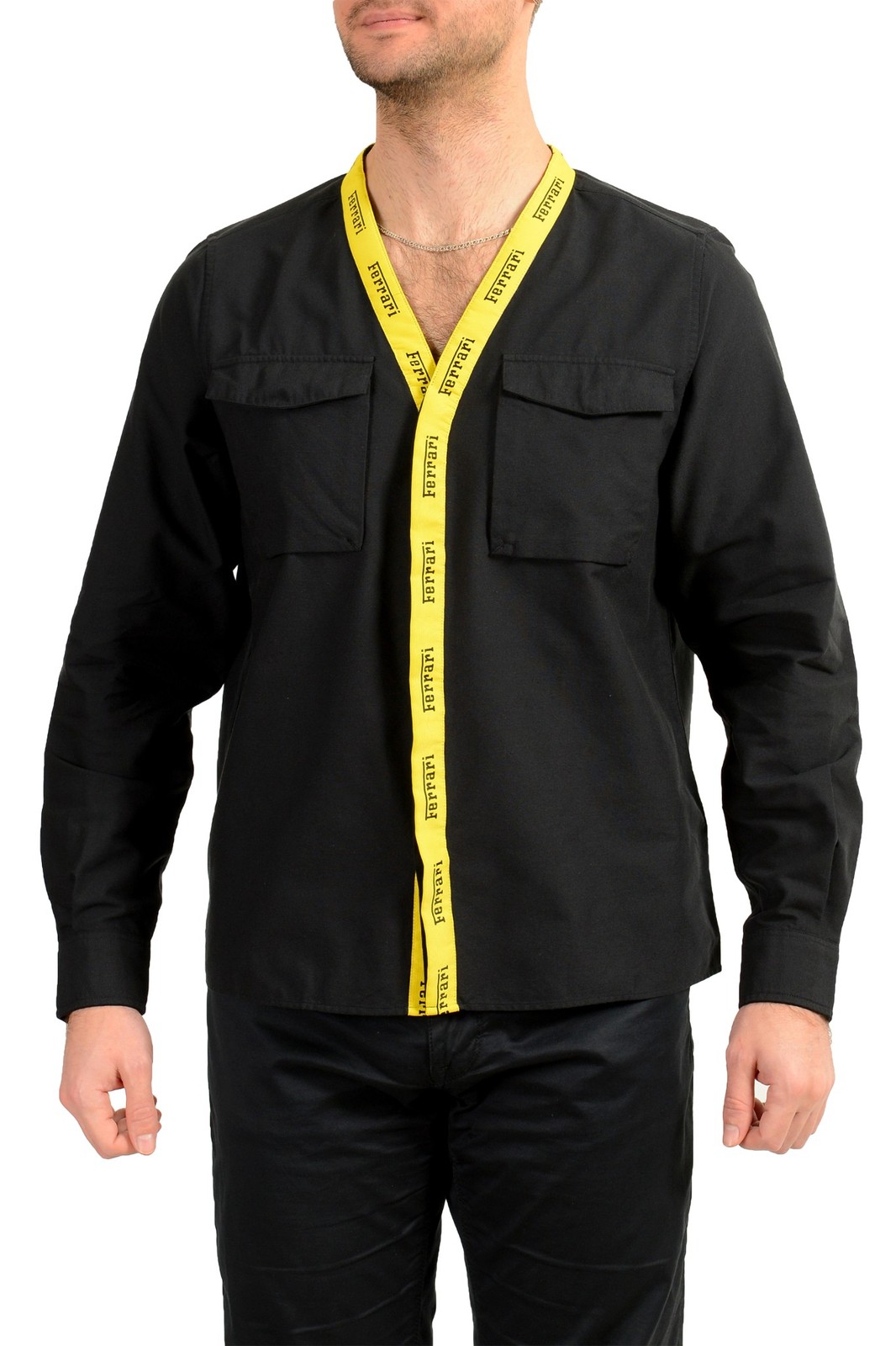 Scuderia Ferrari Men’s Black Collarless Oxford Caban Shirt US XL IT 54