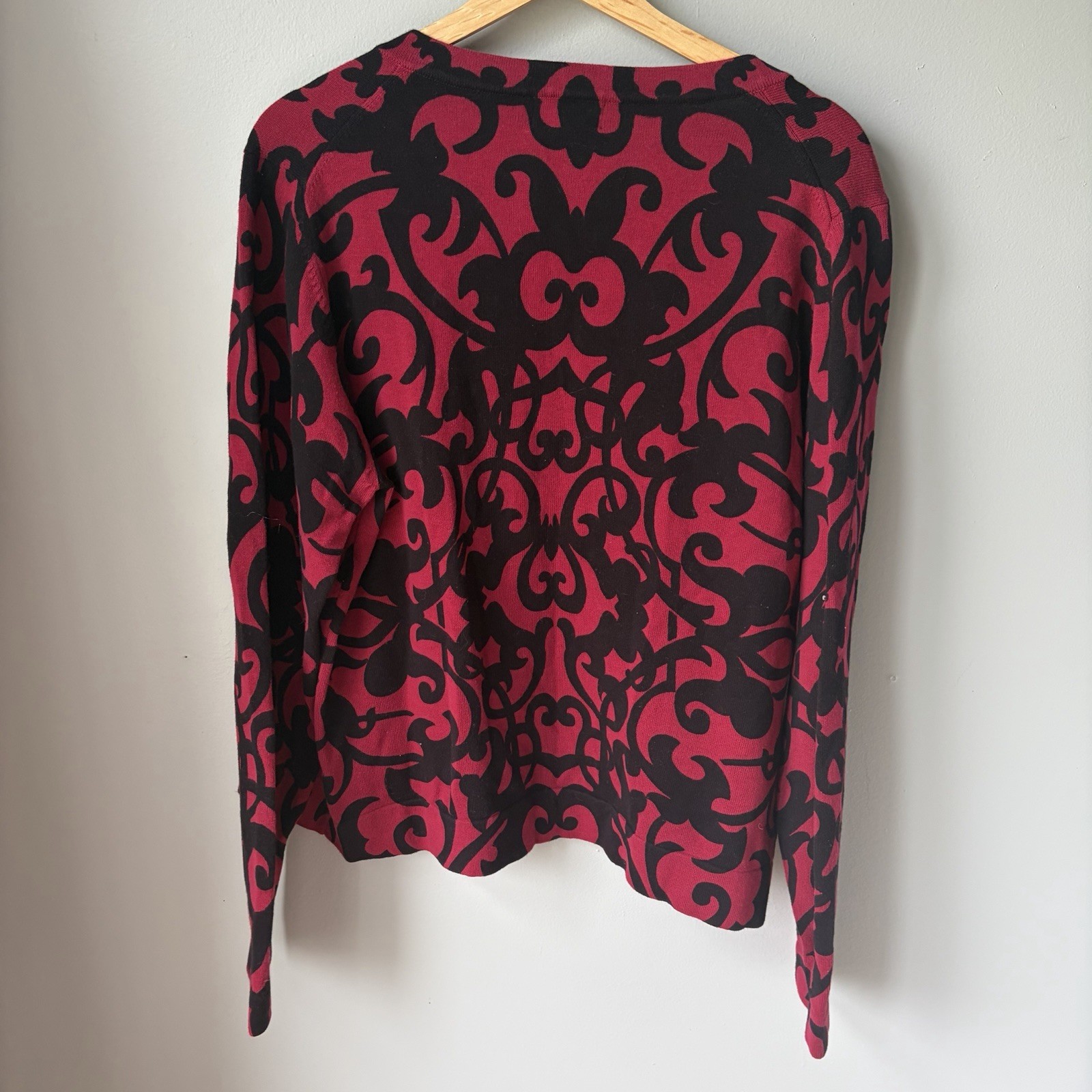 FOXCROFT Womens Cotton/Nylon/Spandex Red- Black Scroll Design Cardigan Sweater L