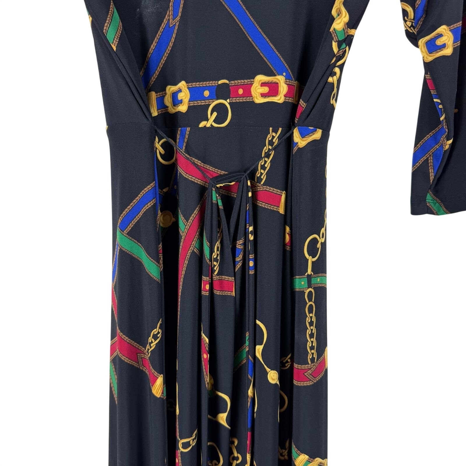 Lauren Ralph Lauren Equestrian Chain Print Faux Wrap Midi Dress Black Red Small