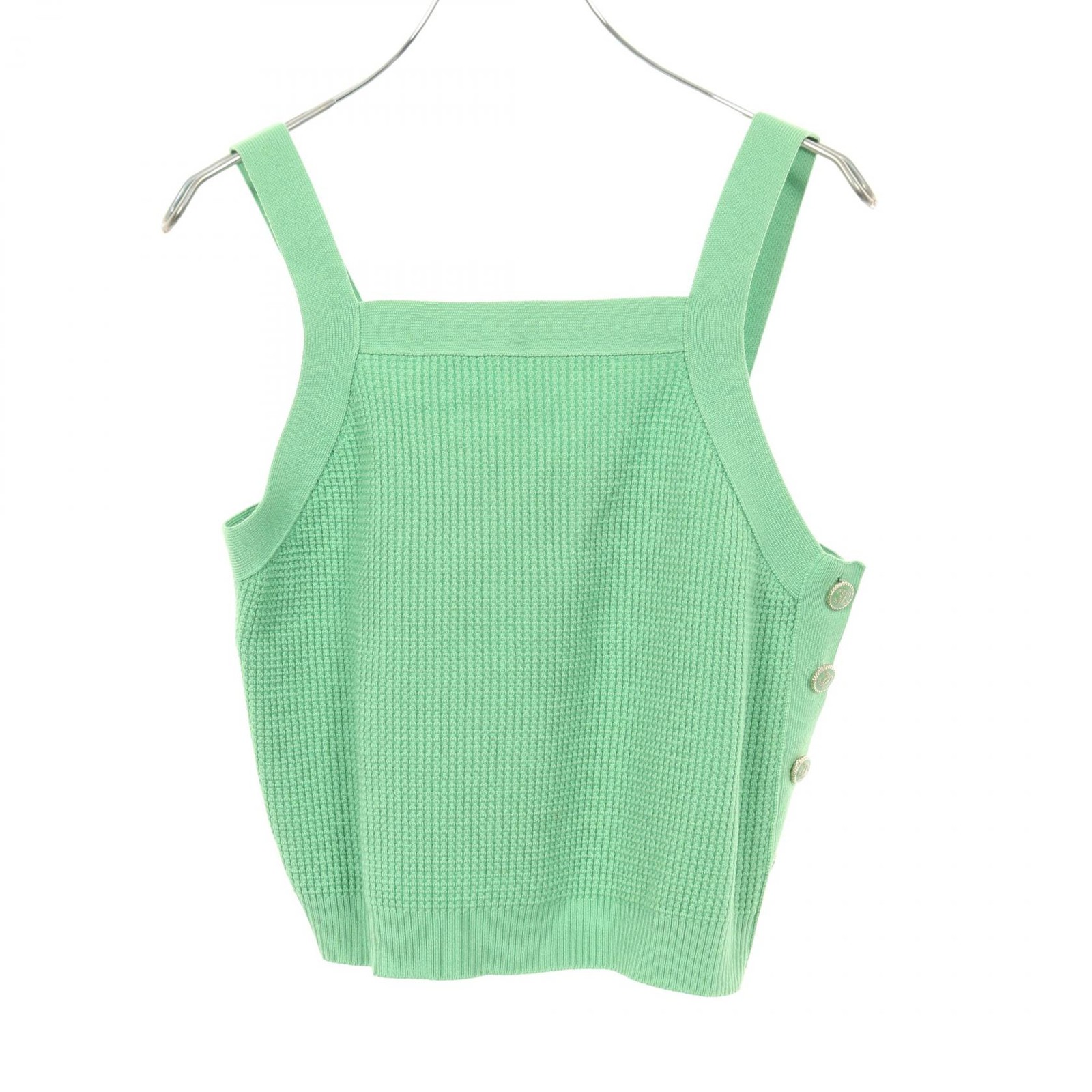 Chanel Knit Tank Top Coco Mark Button Cotton Green Ladies Size 38 Length 12.6in