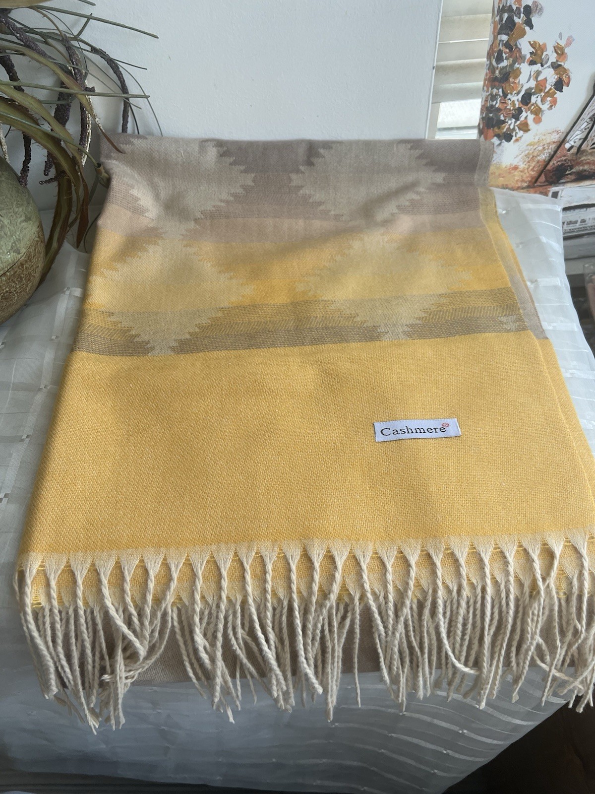 Yellow & Beige Geometric cashmere shawl throws