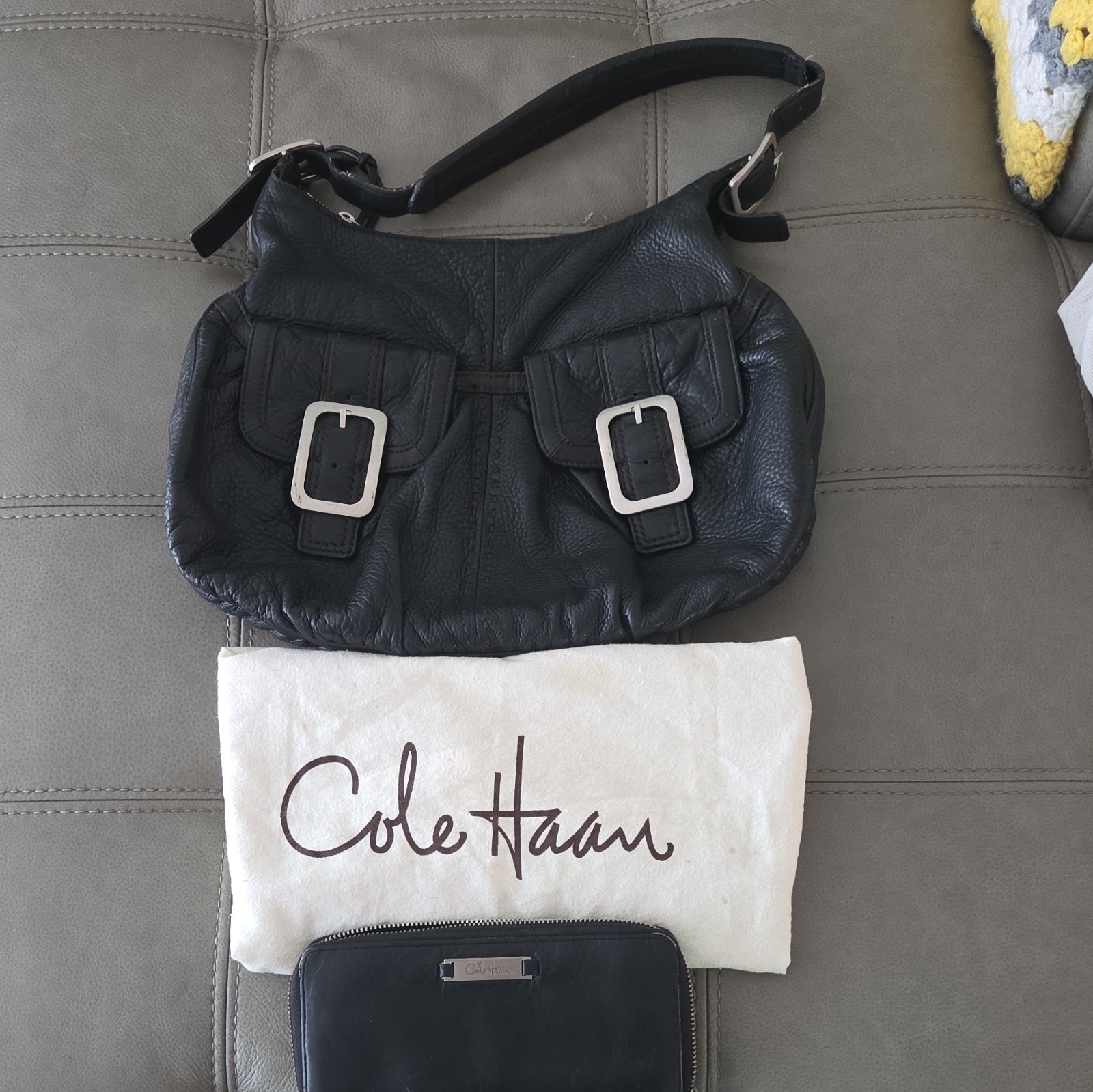 Cole Haan Black Shoulder Bag Zip Top Buckle Accents Adjustable Strap Dust Bag.