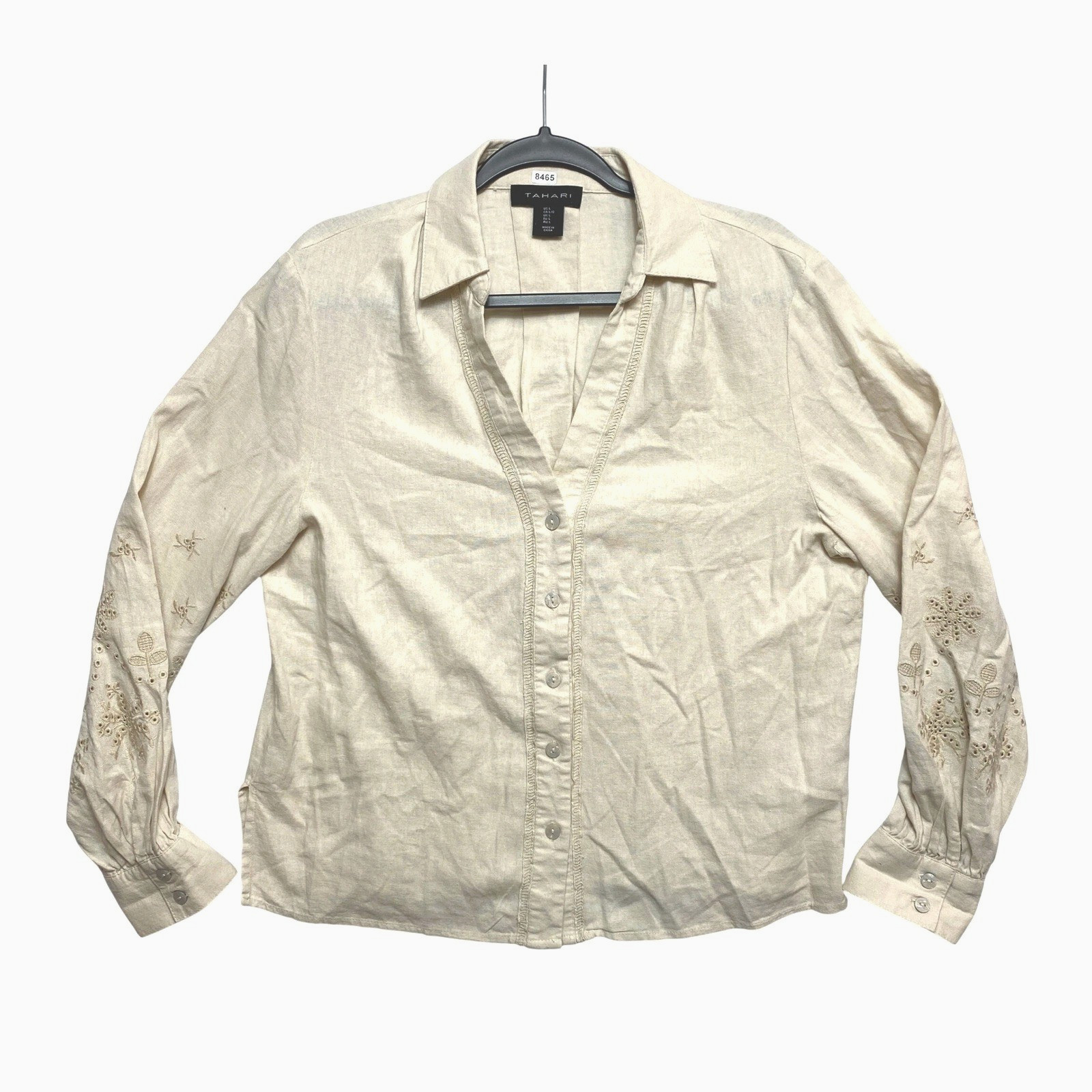 Tahari Shirt Womens L Beige Long Sleeve Linen Blend Embroidered Button Up