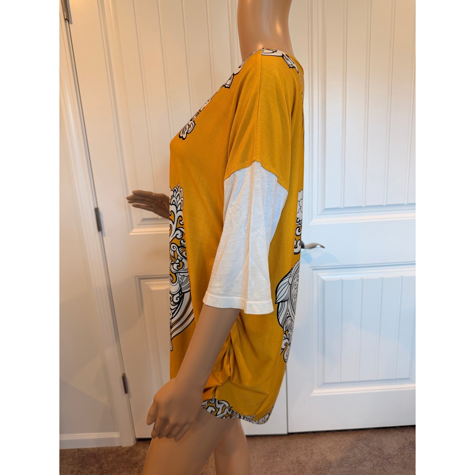 Pretty Angel Mustard Yellow Rhinestone Baroque Graphic Tunic Top Linen Blend OS