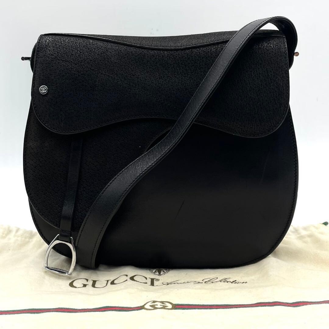 Gucci Vintage Interlocking GG Saddle Shoulder Bag Black Leather Suede Auth