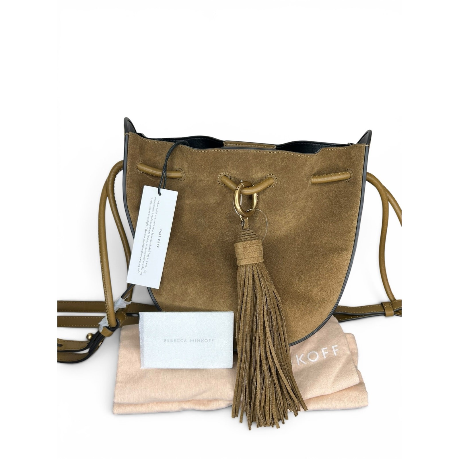 NWT Rebecca Minkoff Lulu Suede Leather Crossbody Bucket Bag Tassel – Military