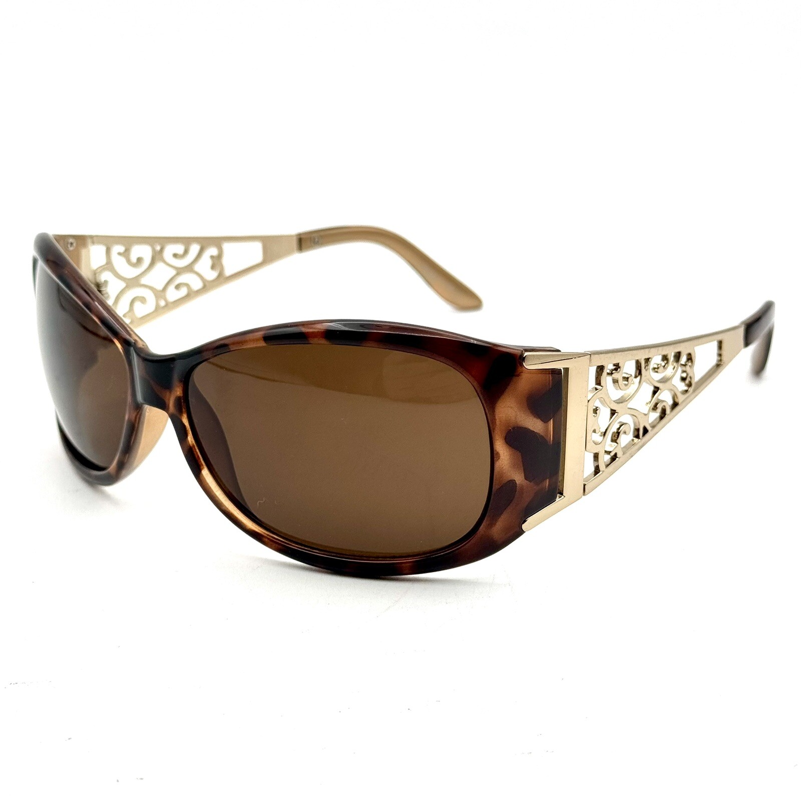 Fashion Oval Sunglasses Brown Tortoise Shell & Designer Ornate Frame Gold Metal