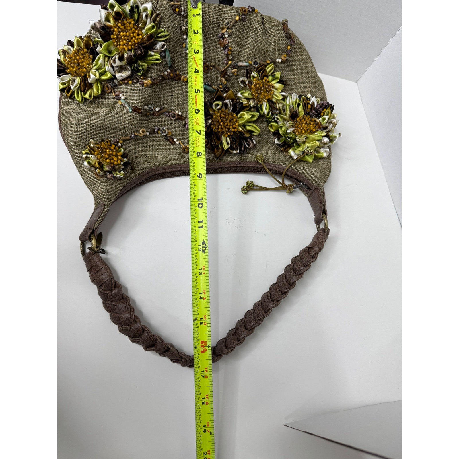 Mary Frances Olive Green Burlap Floral Embellished Beaded Hobo Bag Brown Braided