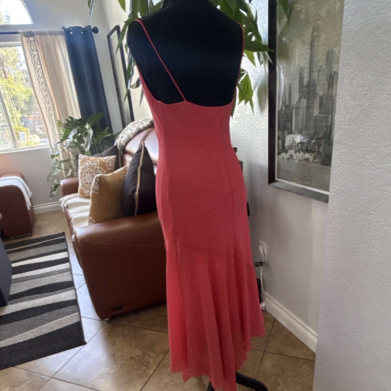 BeSmart Women’s Pink Glitter Spaghetti Strap Cowl Neck Long Dress 5/6