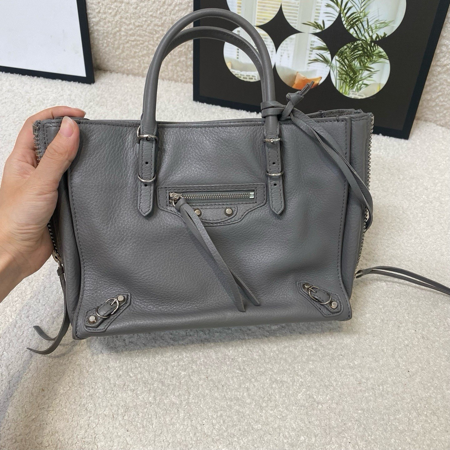 Balenciaga gray full leather mini papier locomotive bag tote bag size: 22*17*9cm