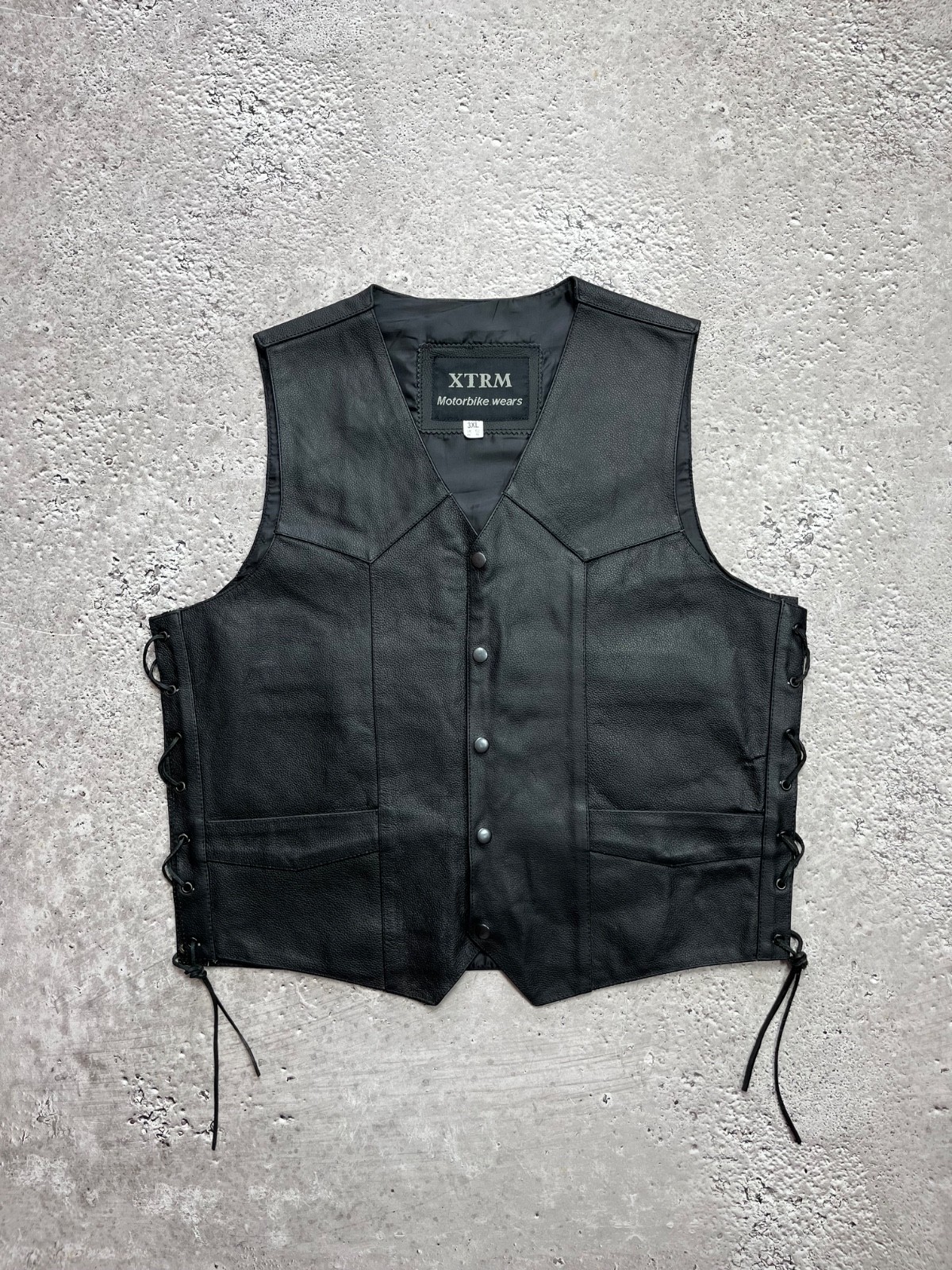XTRM Motorbike Wears Black Leather Biker Vest Snap Button Lace Up Sides XL