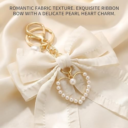 2Pcs Cherry Keychain & Pearl Bow Keychain, Sparkly White & Rhinestone Bow