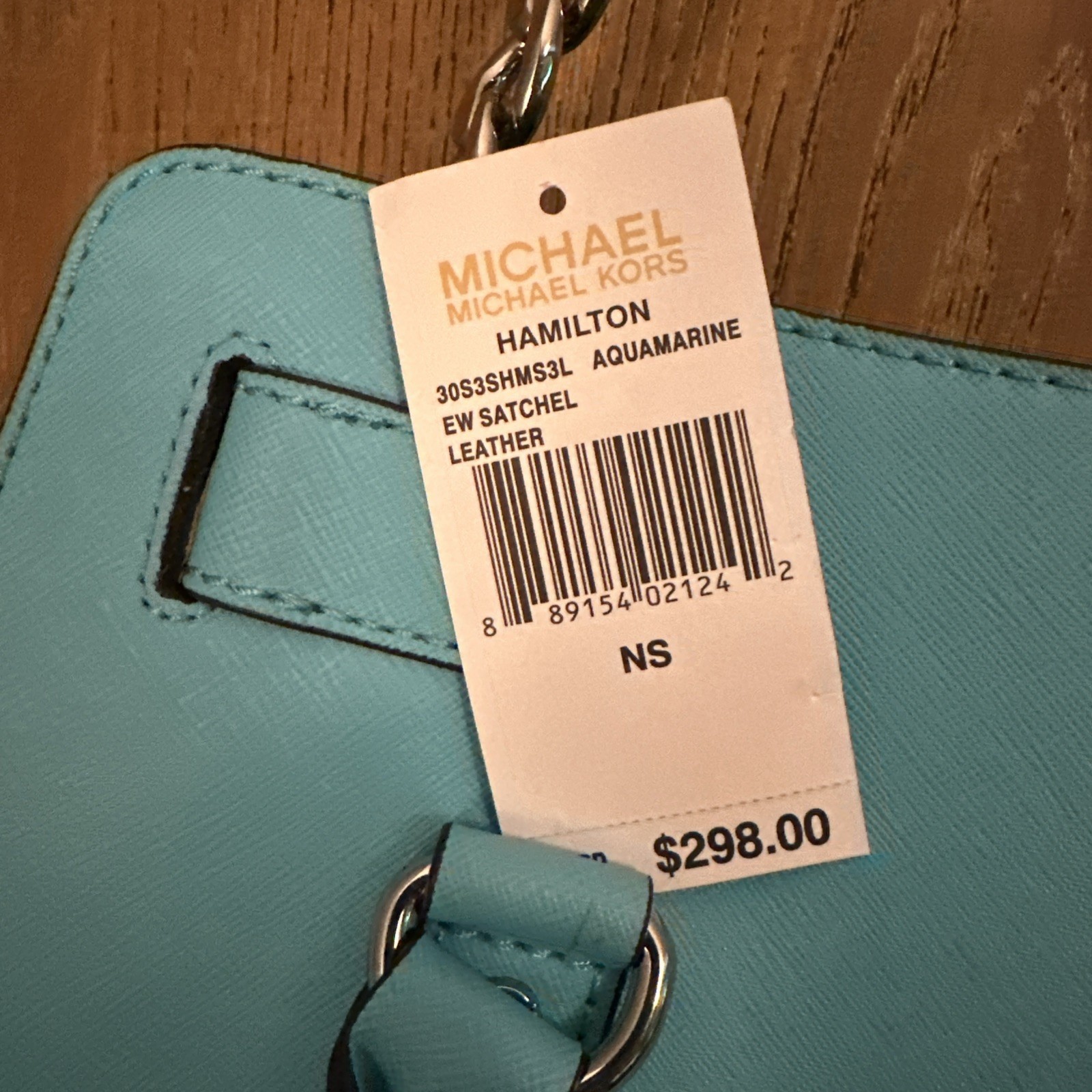 New Michael Kors Hamilton Satchel Leather Chain-Strap Satchel Aquamarine