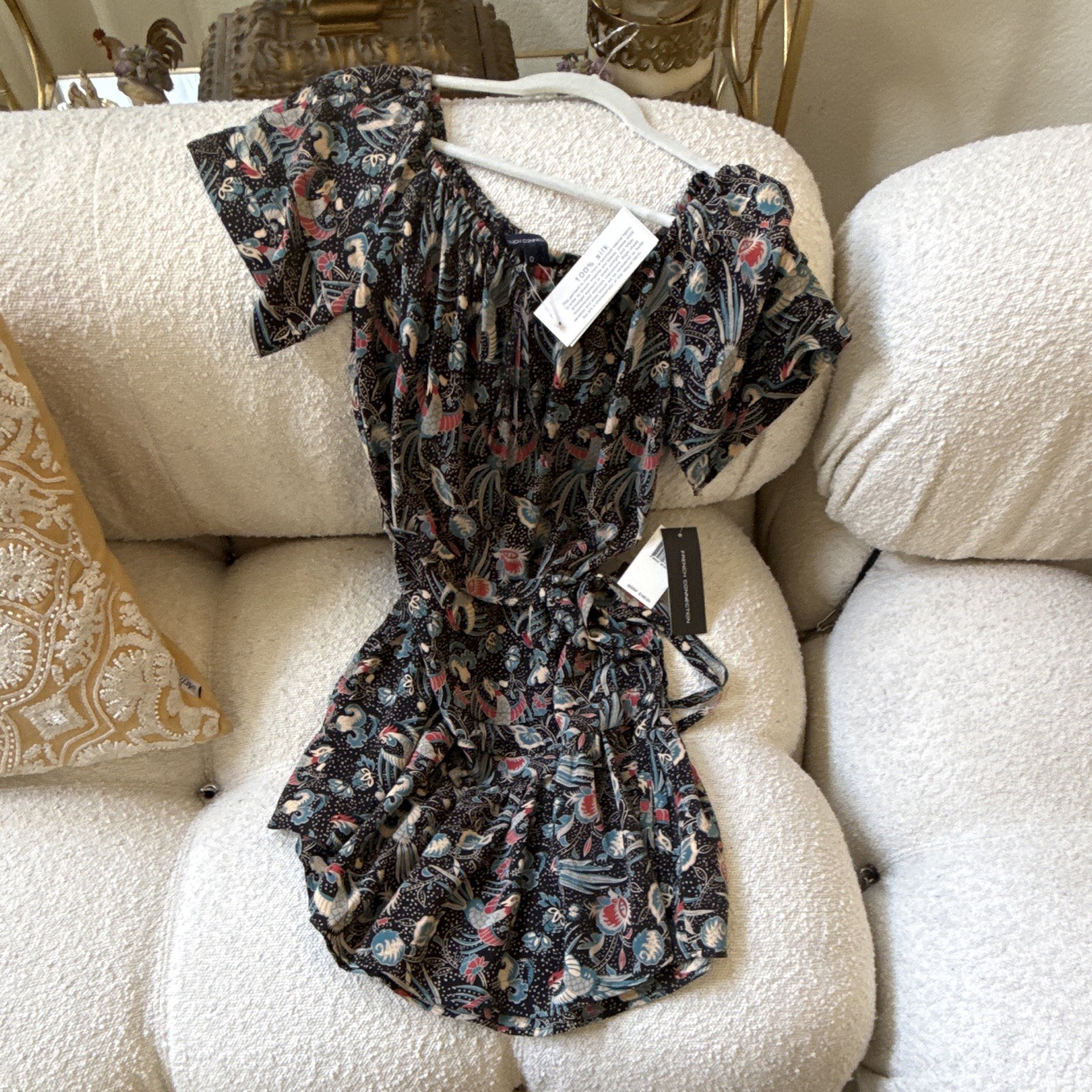 French Connection 100% Silk Floral Off-Shoulder Belted Tie dress size 0. NWT