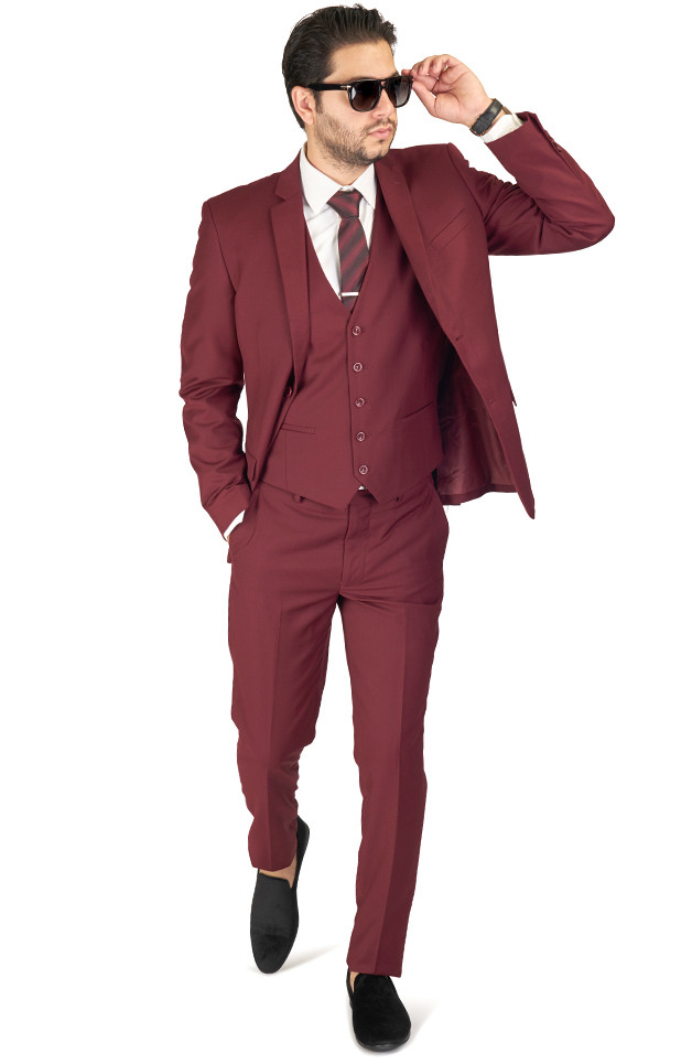 Burgundy Slim Fit Suit Tuxedo 2 Button Notch lapel Vest Optional Fitted AZAR