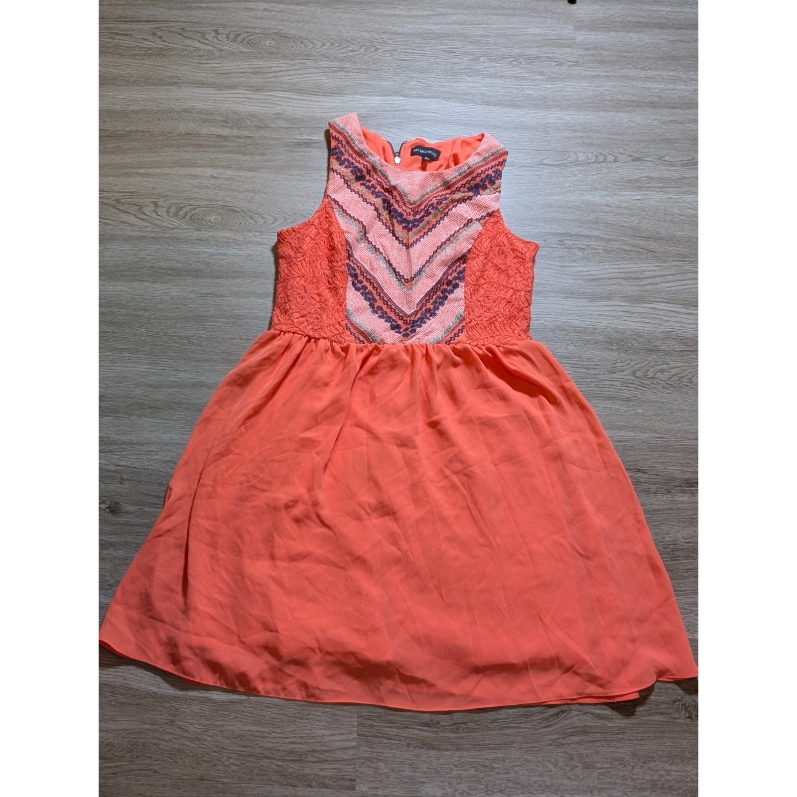 Y2K My Michelle Womens 11 Coral Pink Embroidered Chevron Lace A-Line Dres