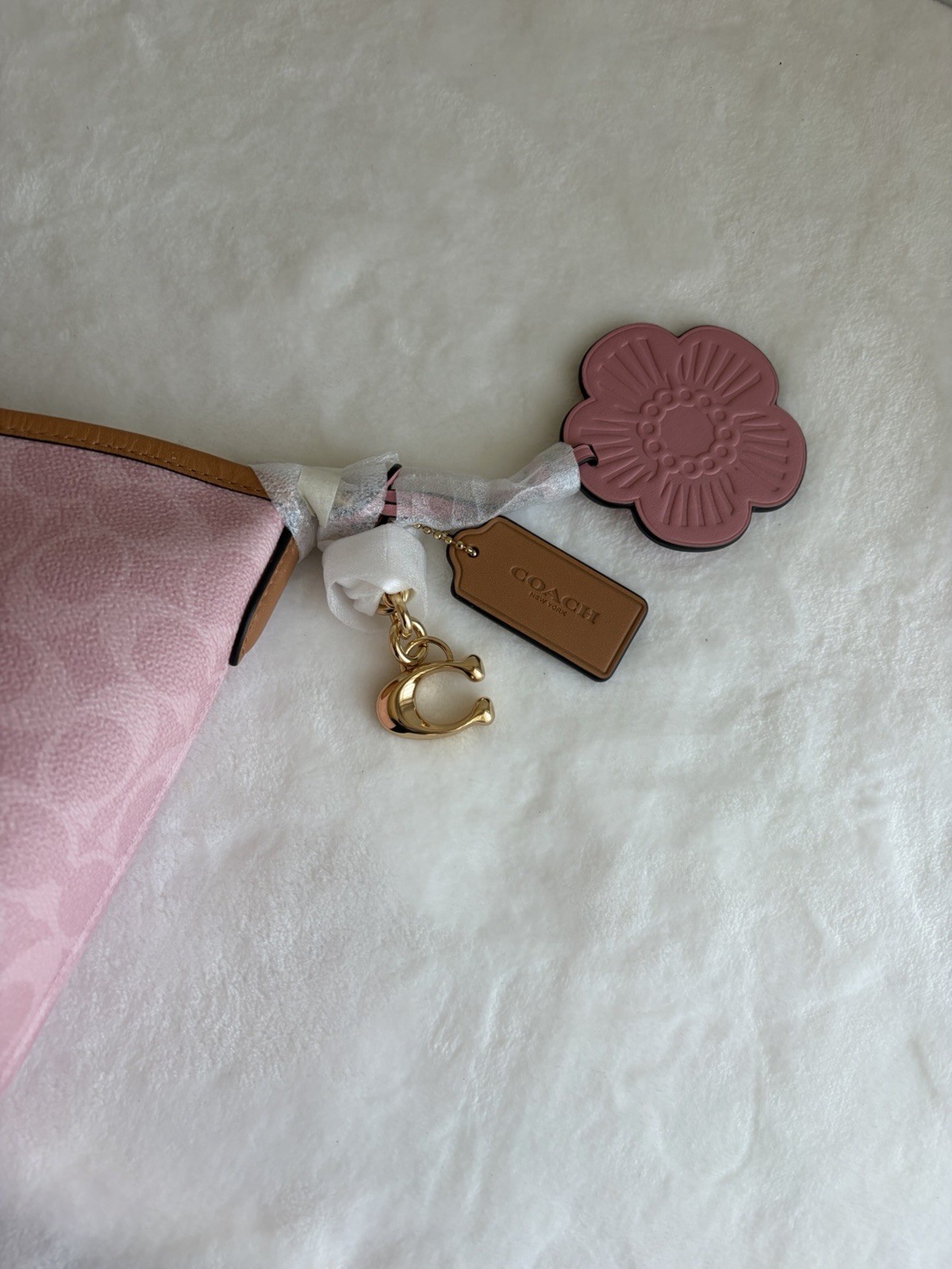Coach Signature Logo Crescent Shoulder Bag Pink Zip Crossbody Strap Charm Gold