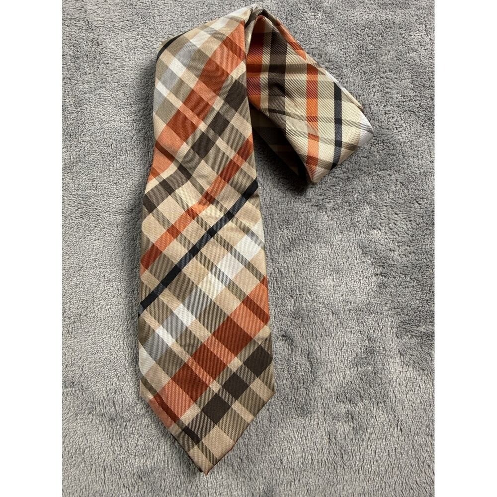 Uomo Venetto Mens Plaid Necktie Orange Tan Brown White Hand Made Classic Tie