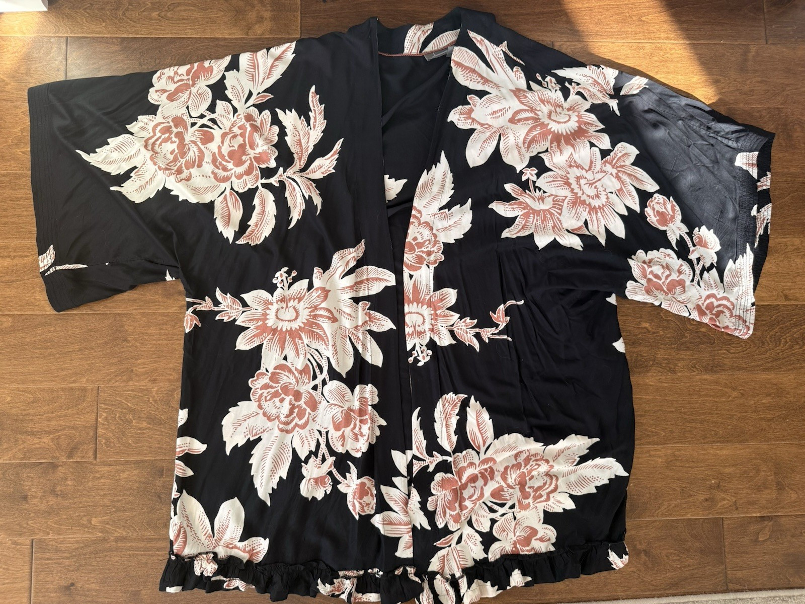By Anthropologie Long Sleeve Duster Kimono Black+Pink Tropical Flower SZ 2X READ