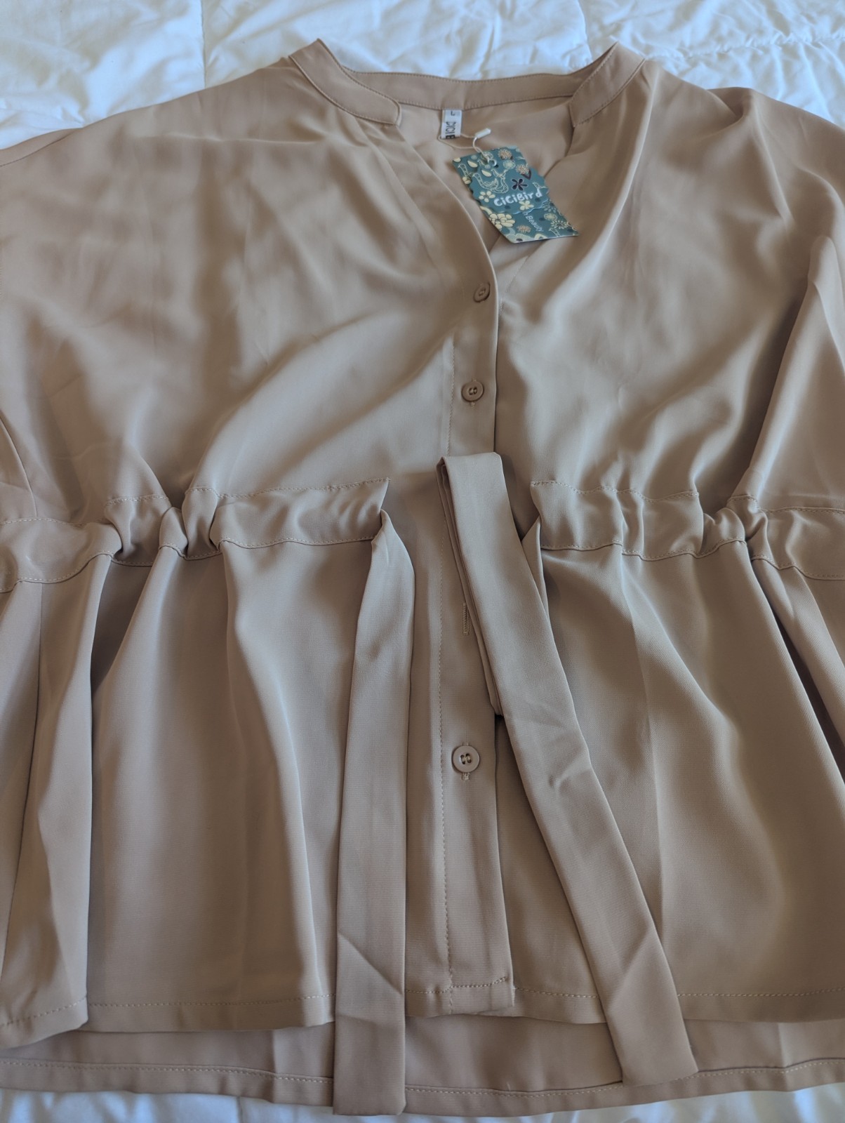 Women’s Taupe Tie-Waist Blouse | Lightweight V-Neck Button Front