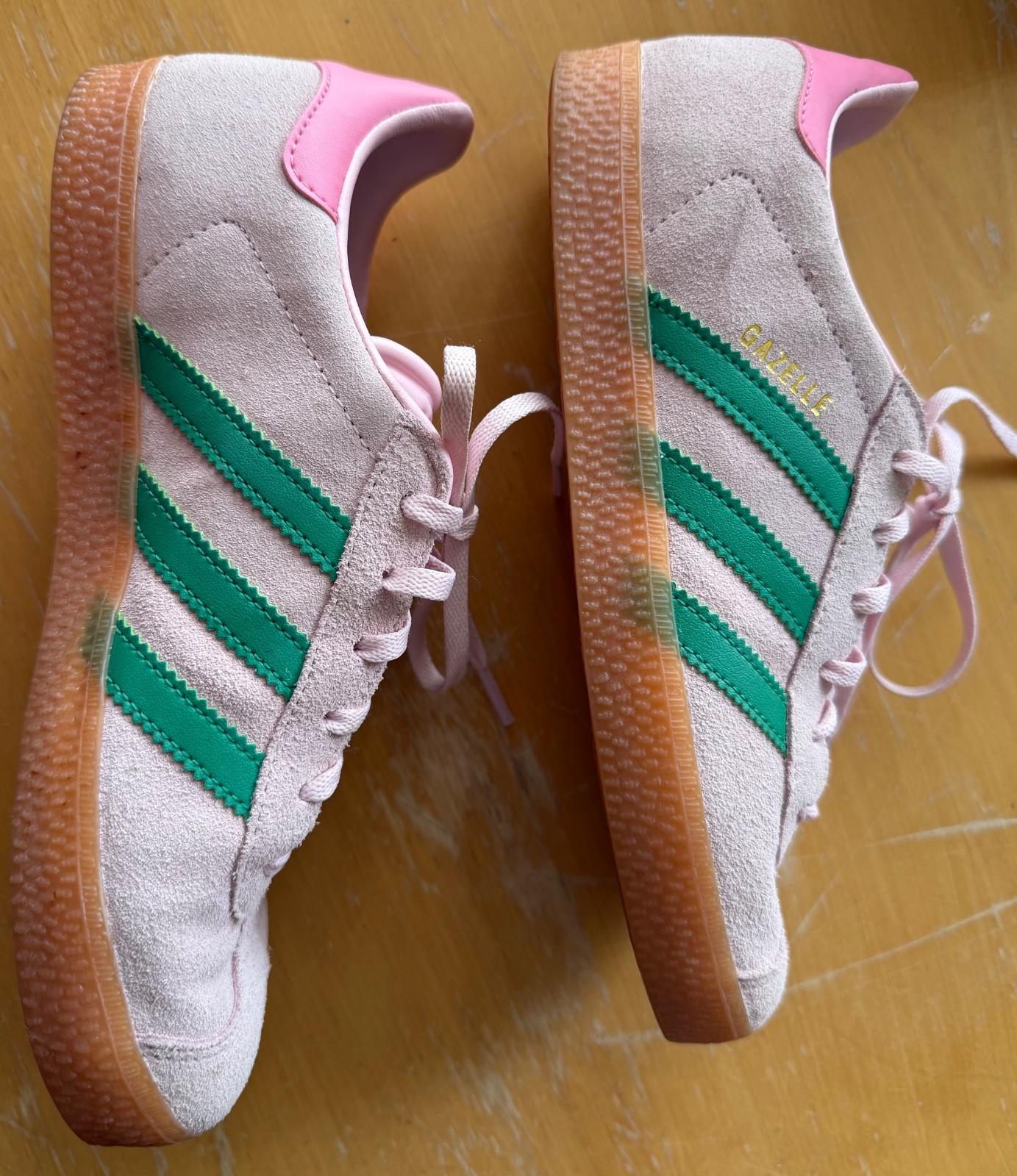 Adidas Gazelle Bold True Pink Green suede, US W 7.5 or Big Kids 5, eur 37 1/3