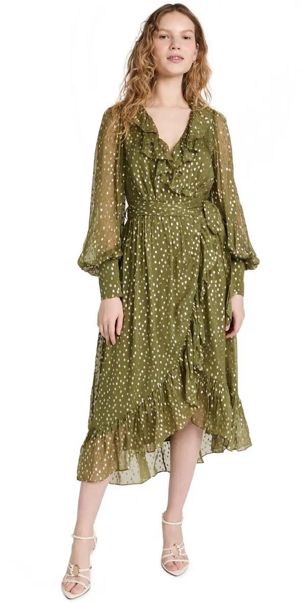Zimmermann Lurex Wrap Midi Silk Chiffon Metallic Dot Dress 0