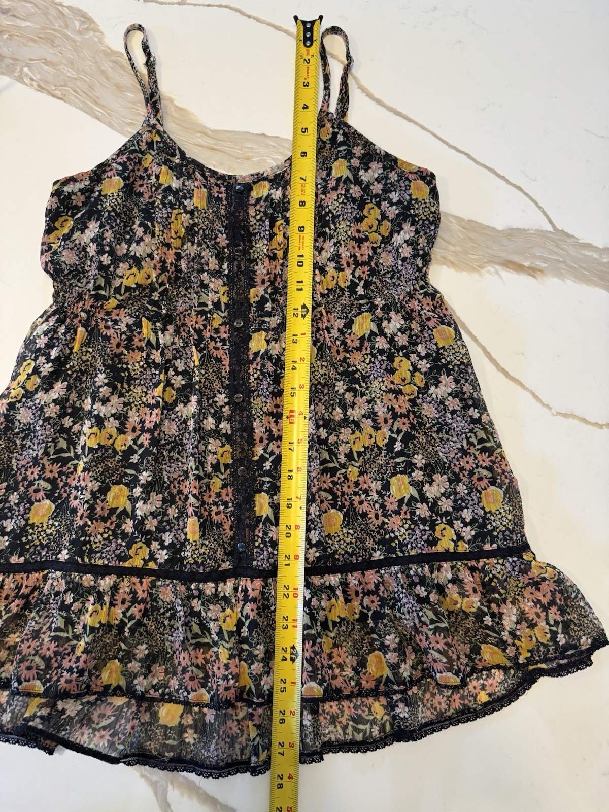 Y2K Decree Juniors Floral Chiffon Tank Top M Lace Trim Boho Ruffle Hem Lined