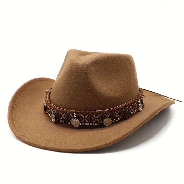 Light Brown Western Cowgirl Cowboy Hat Men Women – Tribal Band Felt Wide Brim