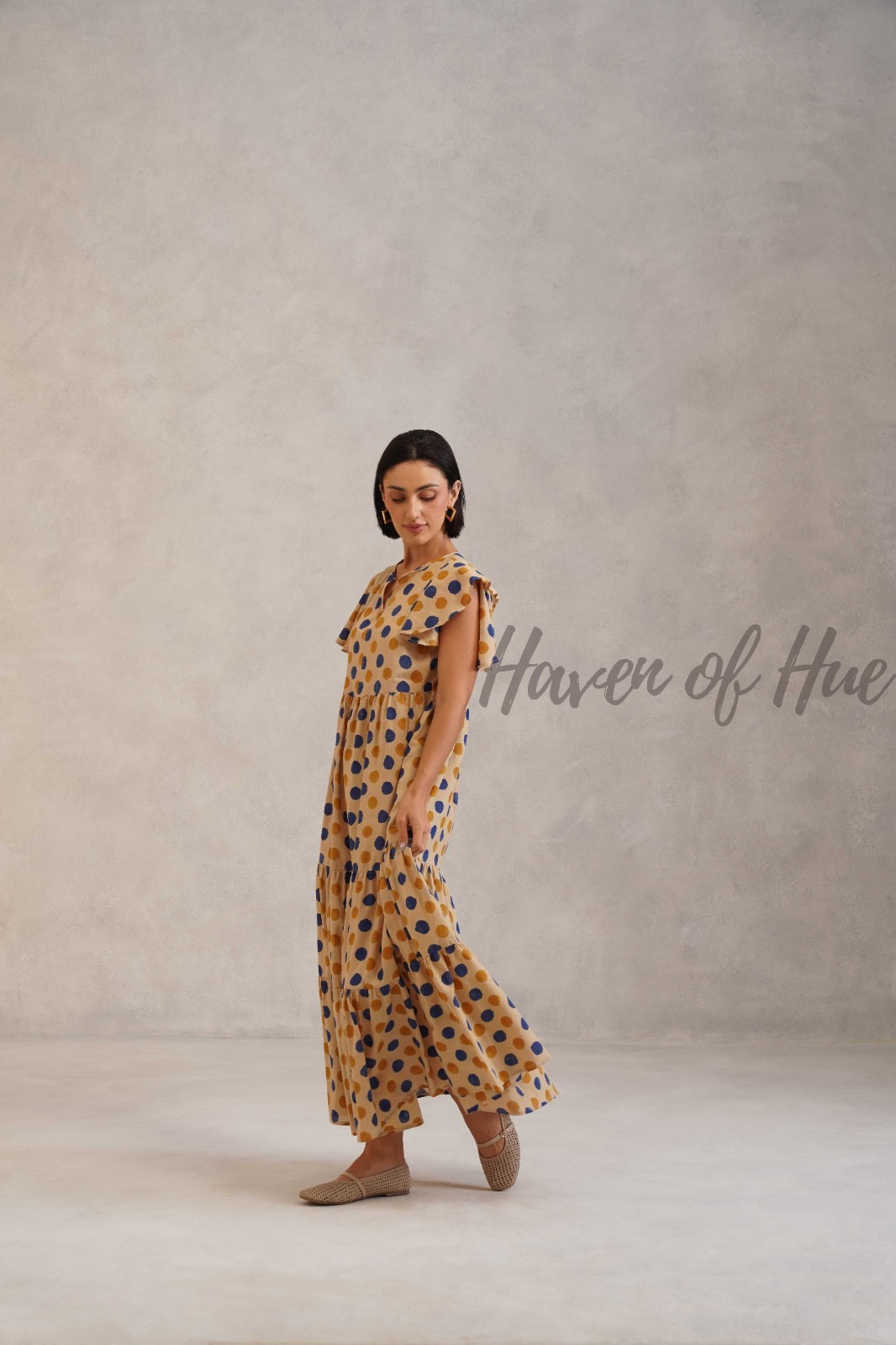 Hand Block Printed Cotton Midi Dress, V-Neck Long Sleeve Tiered Floral Outfit