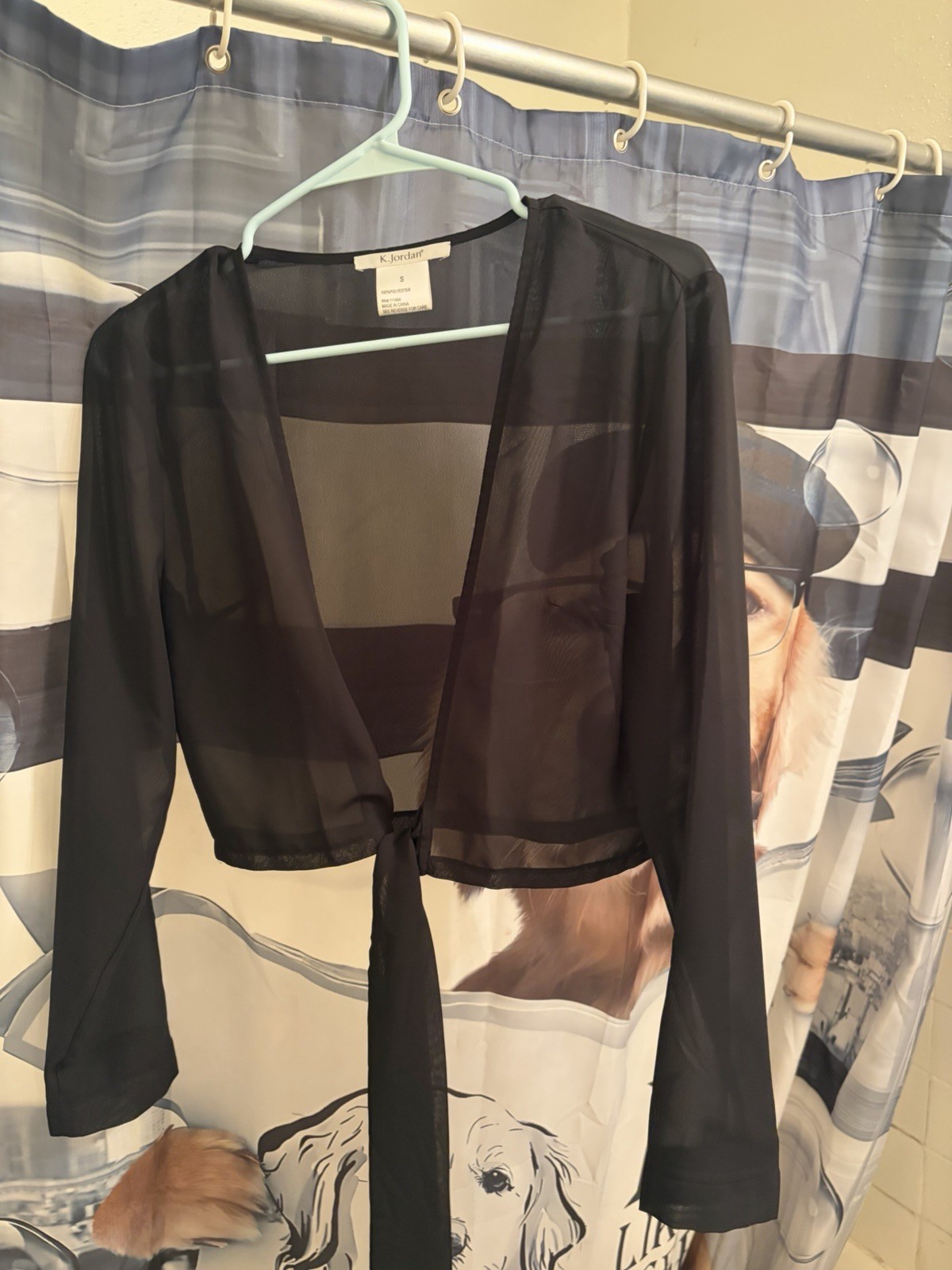 K. Jordan Women’s S Black Sheer Chiffon Tie-Front V-Neck Long Sleeve Crop Top