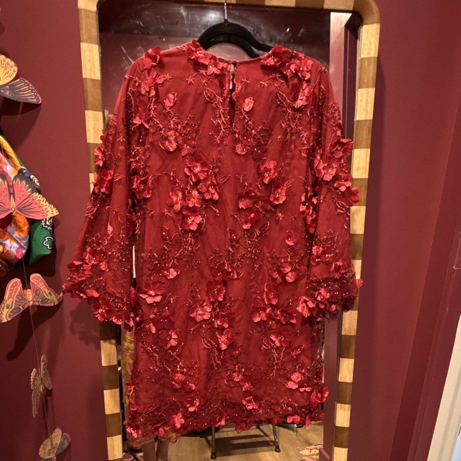 Mestiza New York 6 Red Floral Lace Shift Dress Crew Neck Embroidered Beaded