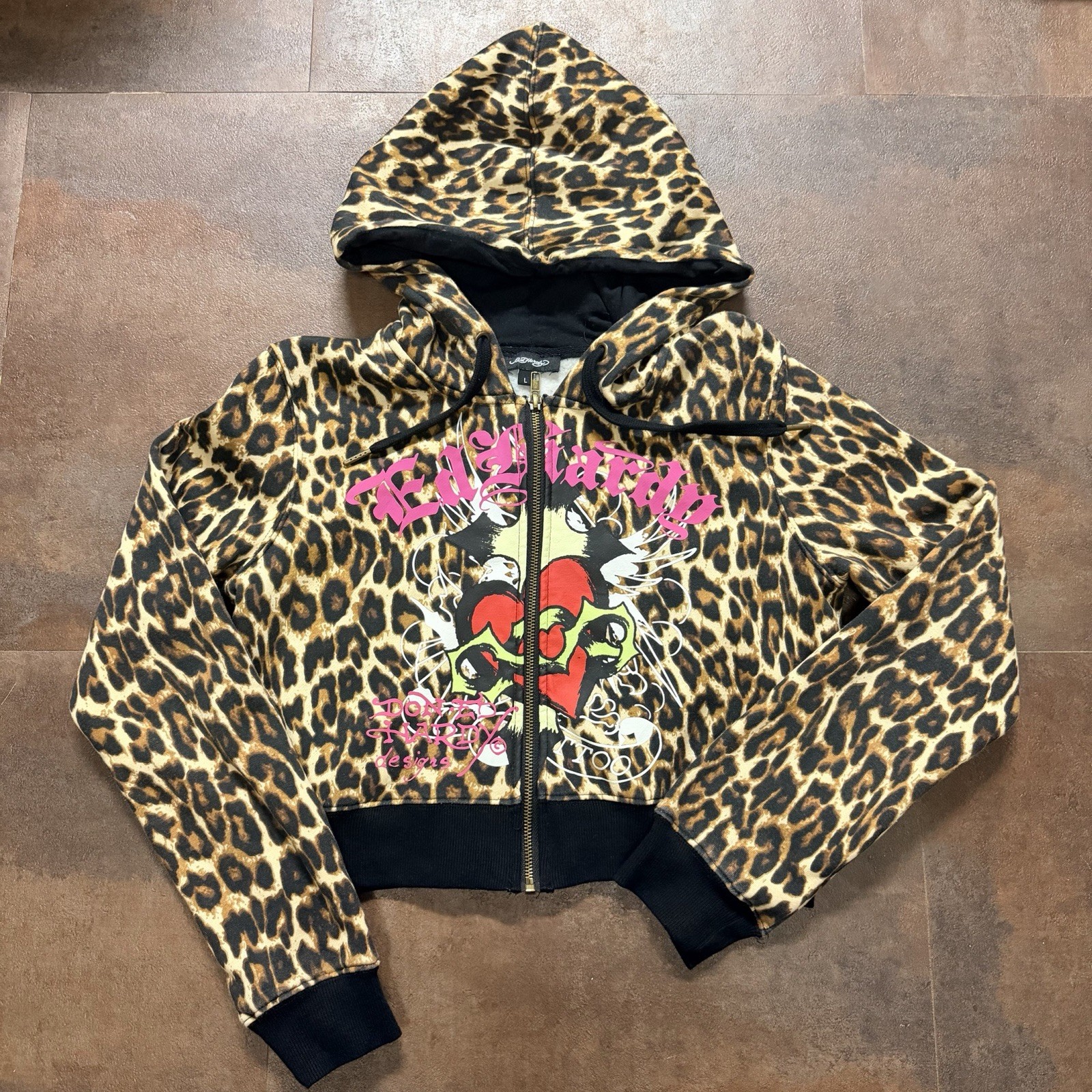 Ed Hardy Leopard Animal Print Zip Hoodie L Women Brown Black Fleece