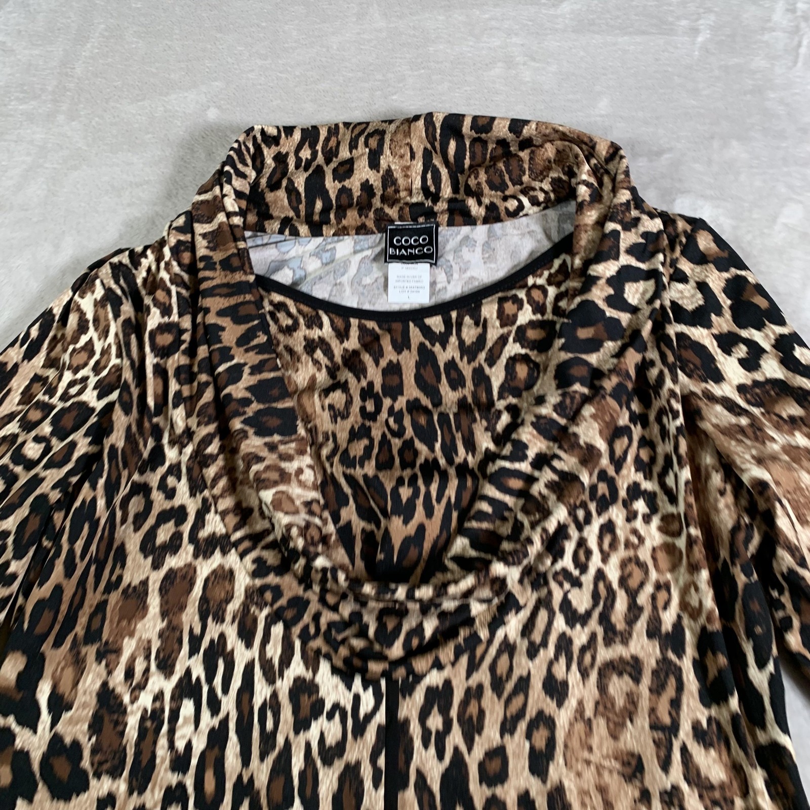 Coco Bianco Tunic Womens Large Leopard Cowl Neck 3/4 Sleeve Hanky Hem Made USA