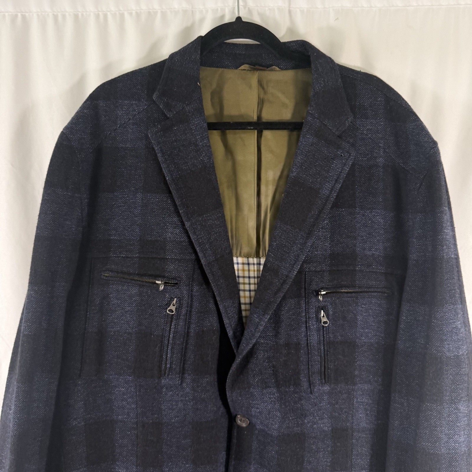 Kroon Blazer Jacket Men’s XL 50 Blue Plid Inner Zip Pockets Wool Blend Button Fr