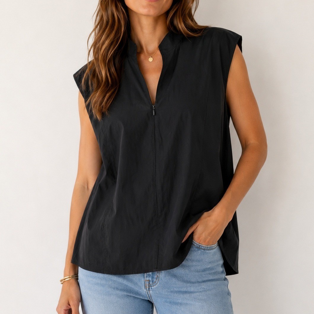 Ming Wang Sleeveless Zip Mock Neck Shirt Athleisure Preppy Quiet Luxury Academia