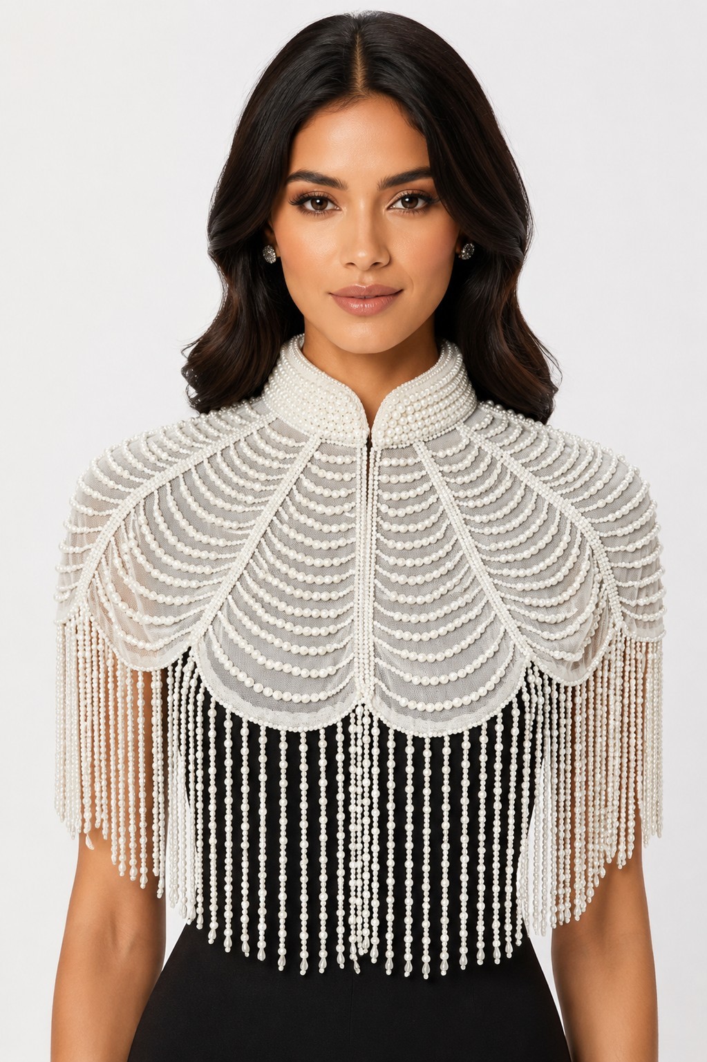 White Pearl Beaded Embellished Cape For Women Party Wear