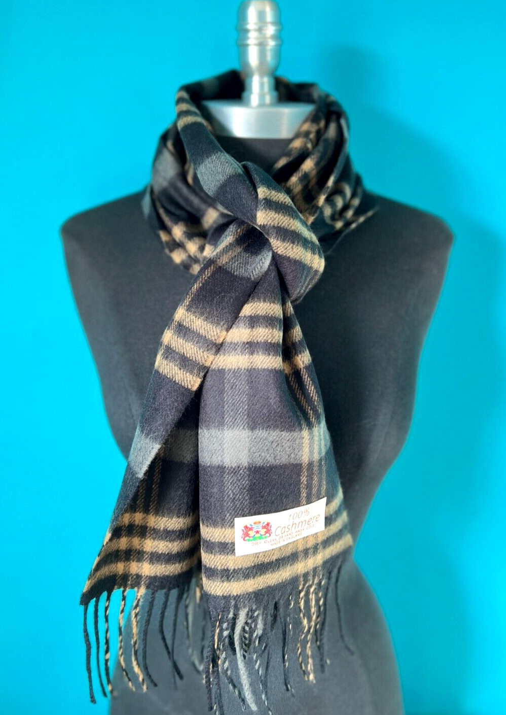Men’s WINTER 100SHMERE SCARF Plaid Black/Gray/Camel Made in England Soft Wool