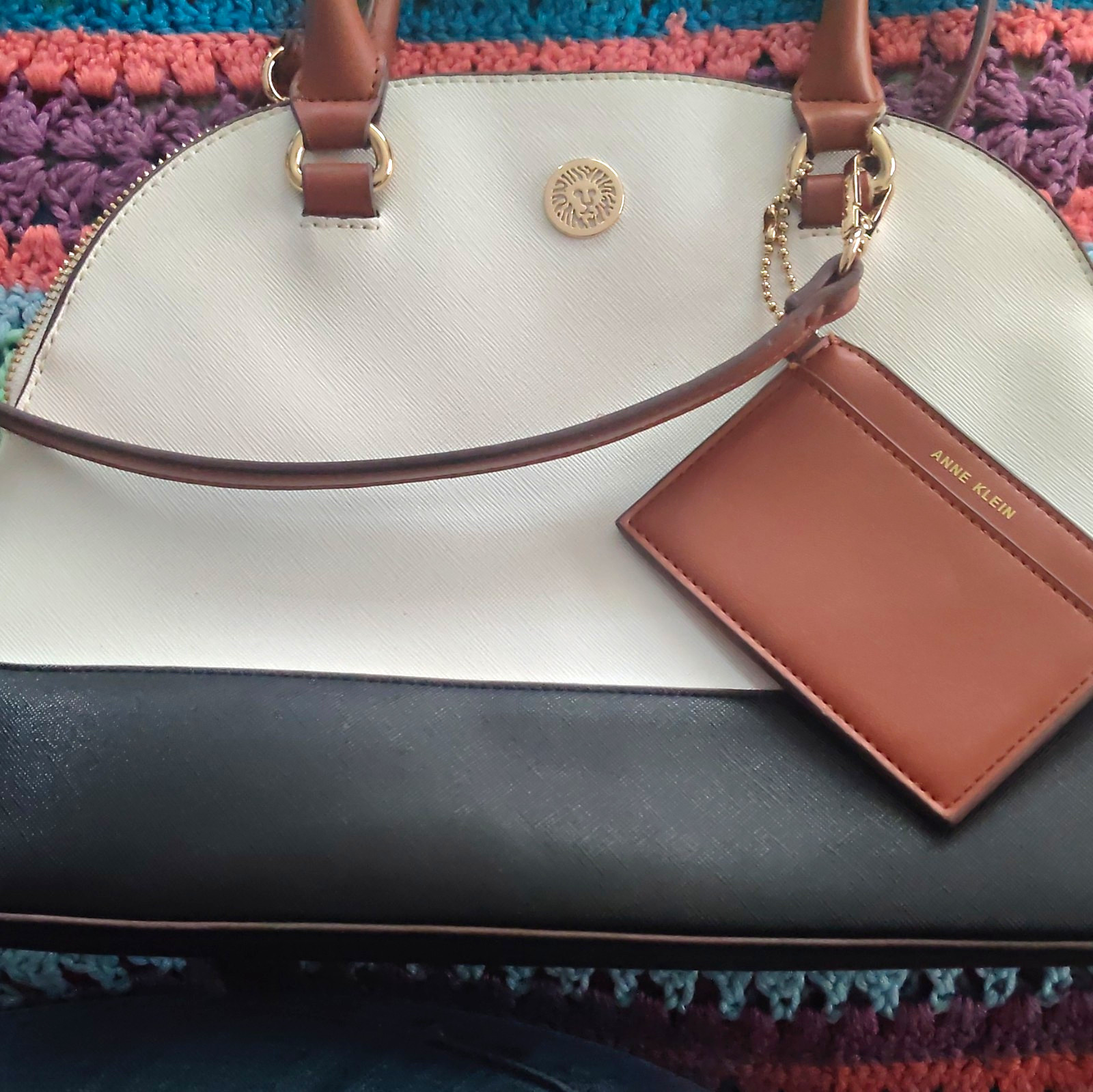 Anne Klein Colorblock Dome Satchel Top Handle Zip Gold Hardware w/ Card & Strap