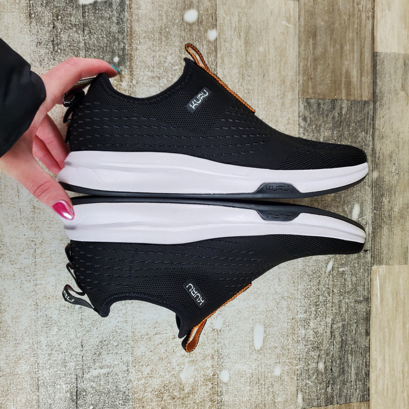 KURU Atom Womens Shoes Sz 8.5 M Running Jet Black Bright White Slip On Sneakers