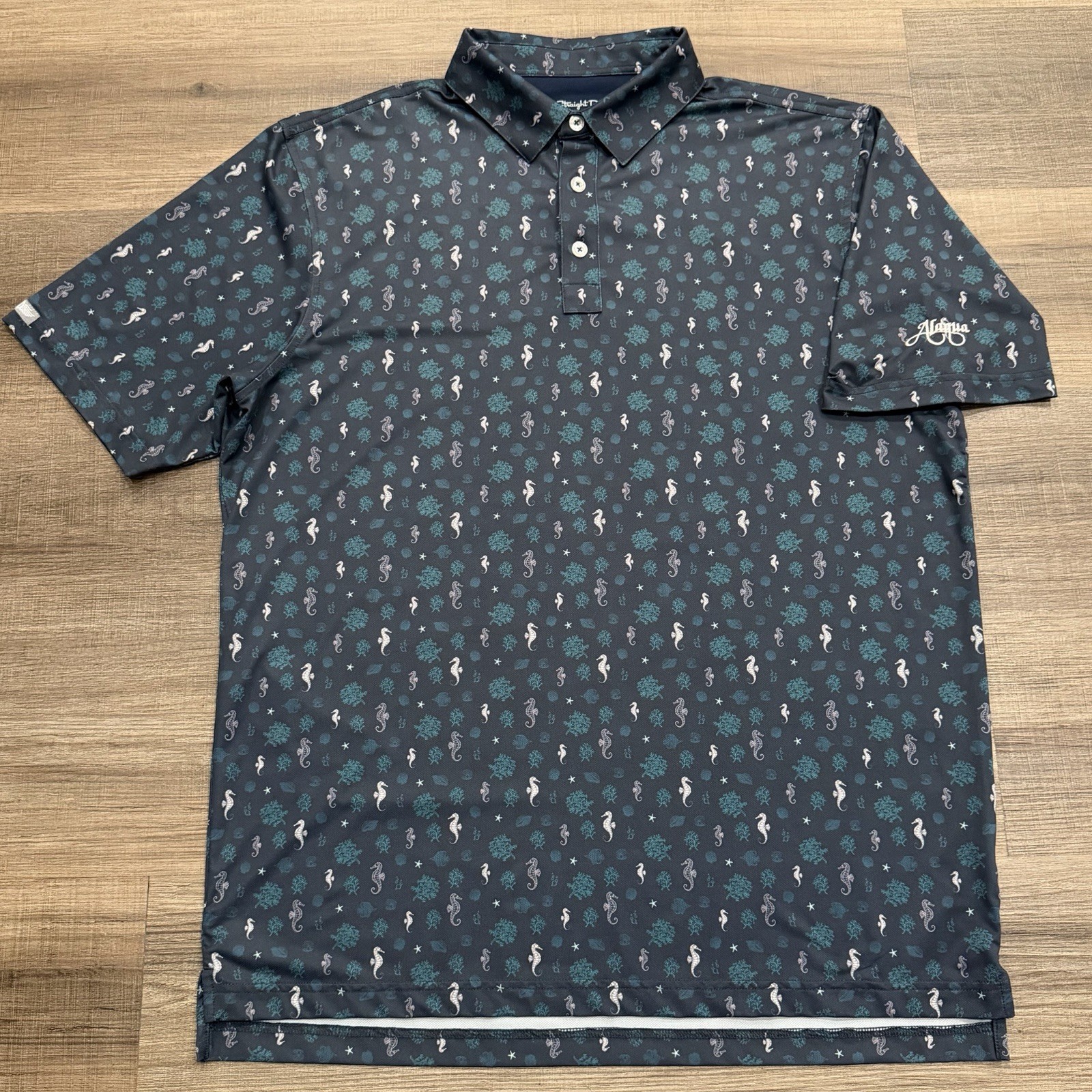 Straight Down Alagua Golf Club Seahorse Print Polo Shirt Mens L Blue Performance