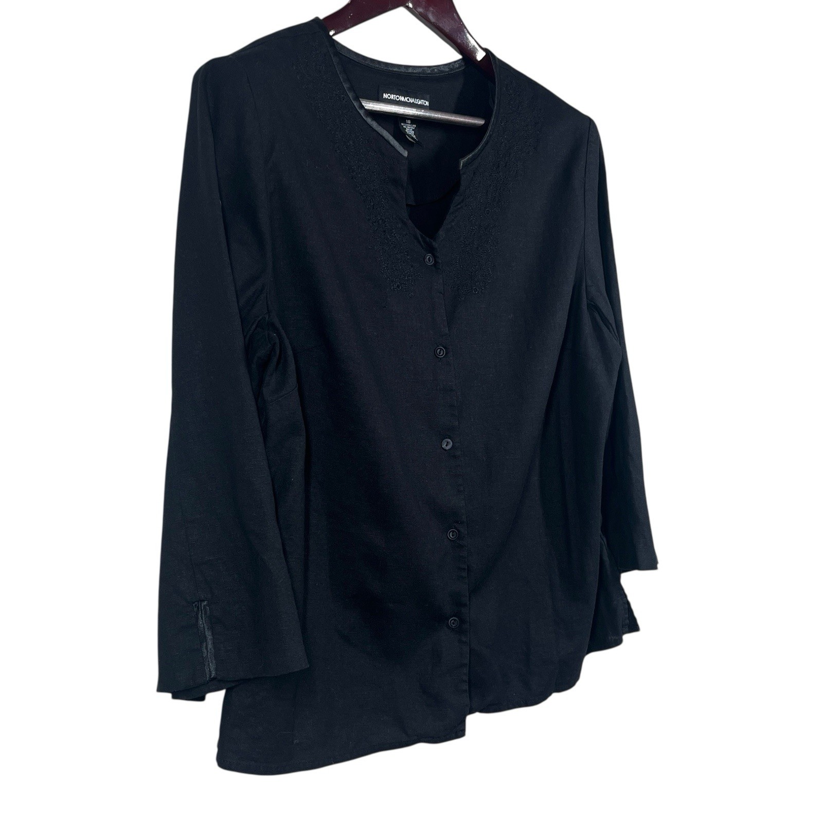 Norton Mcnaughton Linen Blend Blouse Womens 18 Black Floral Stitching Lagenlook