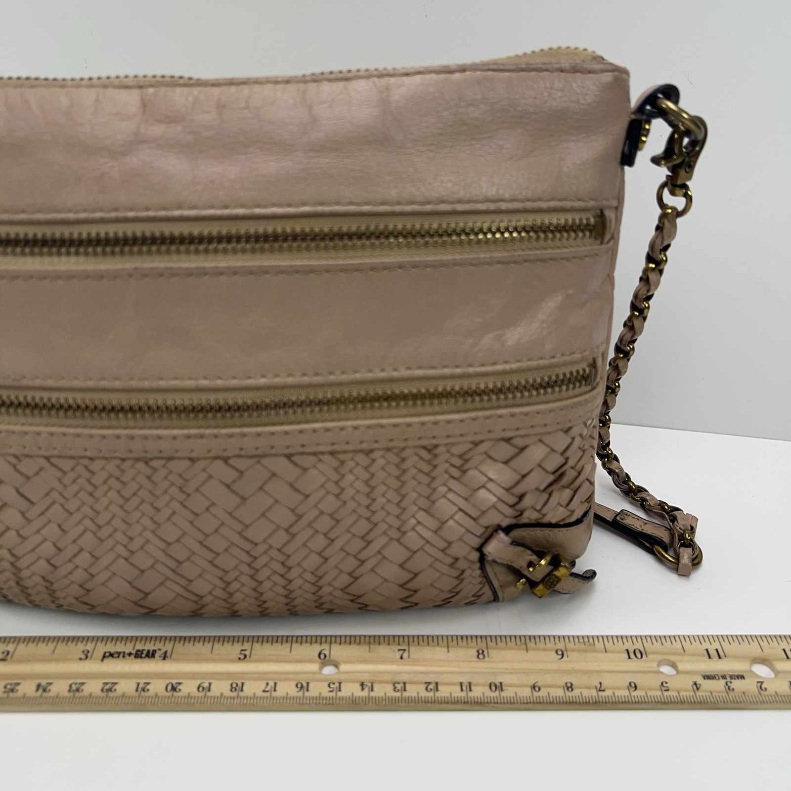 ELLIOTT LUCCA Messina Leather Crossbody Bag 3 Zip Basket Weave Purse Boho Nude