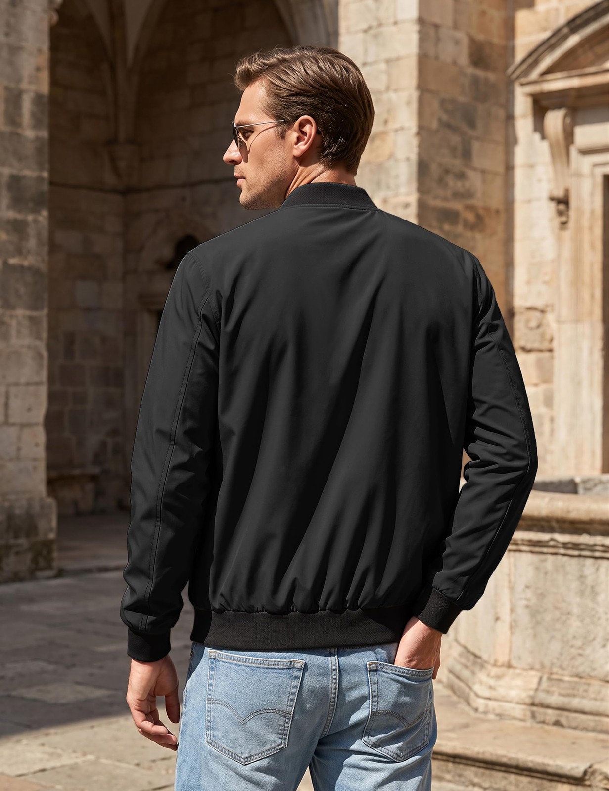 Men’s Spring Fall Thin Bomber Jacket Full-Zip Sportswear Lightweight Casual Coat