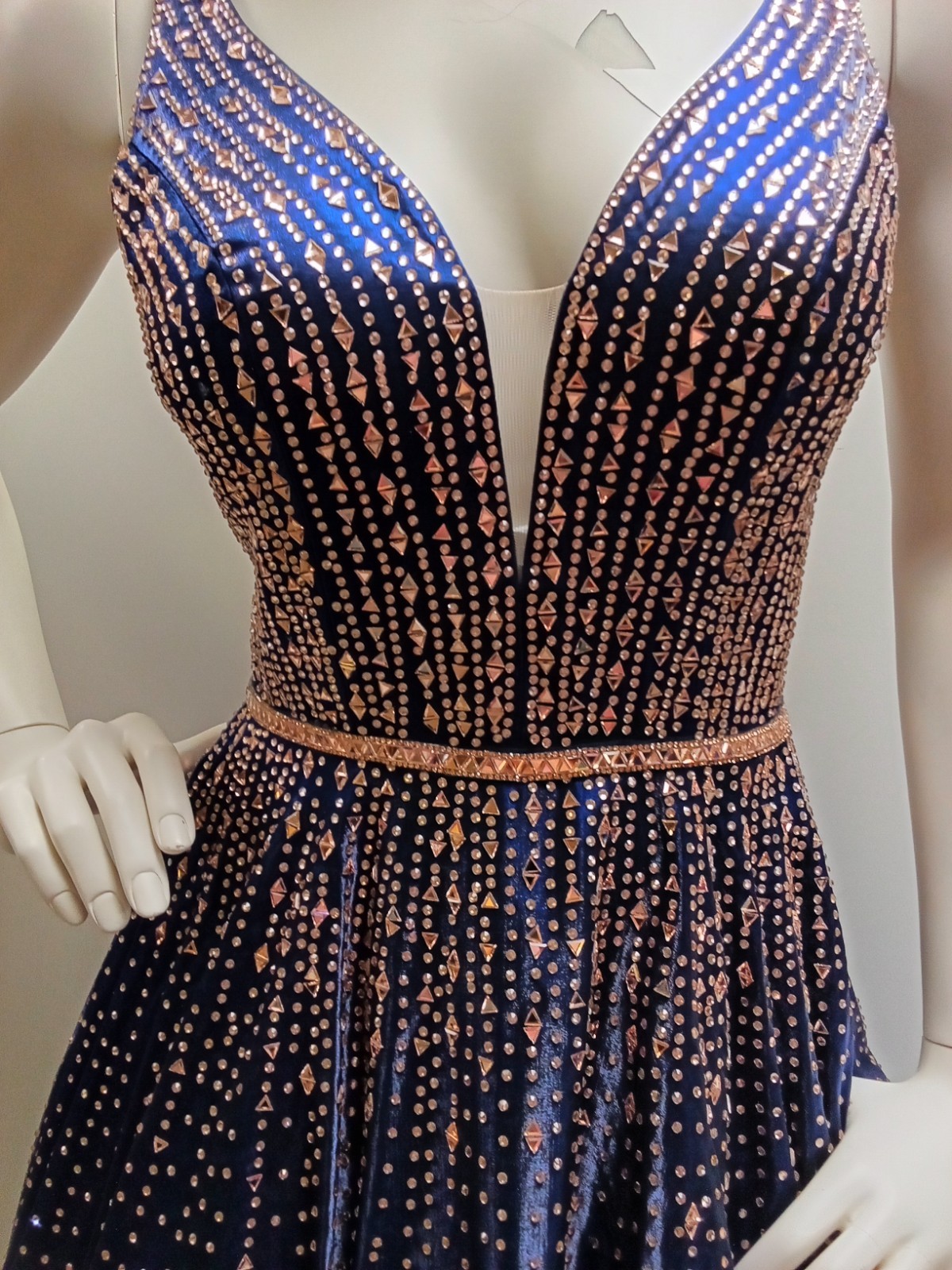 Navy Silk Ball Gown with Gold Bead Design