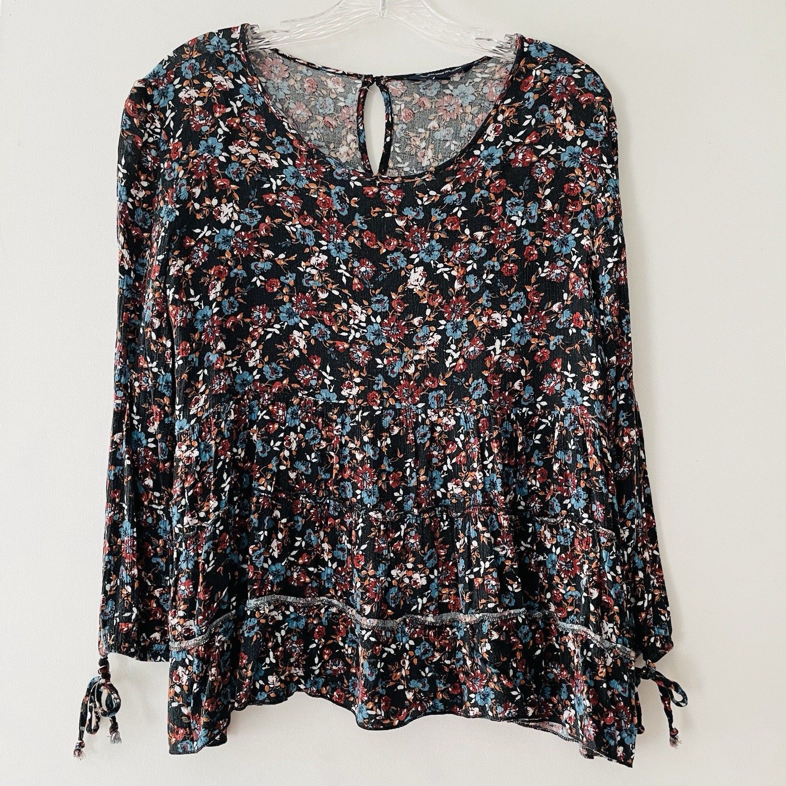 American Eagle Women’s Size Small Floral Tiered Peplum Peasant Ruffle Top Shirt
