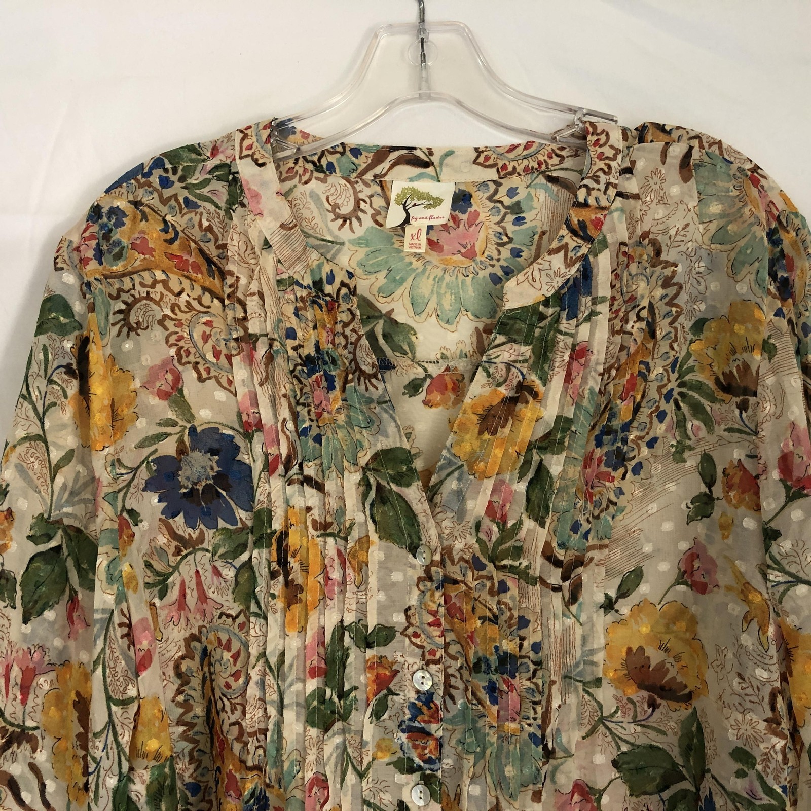 Fig And Flower Top Womens XL Multicolor Floral Tunic Sheer Boho Peasant Blouse