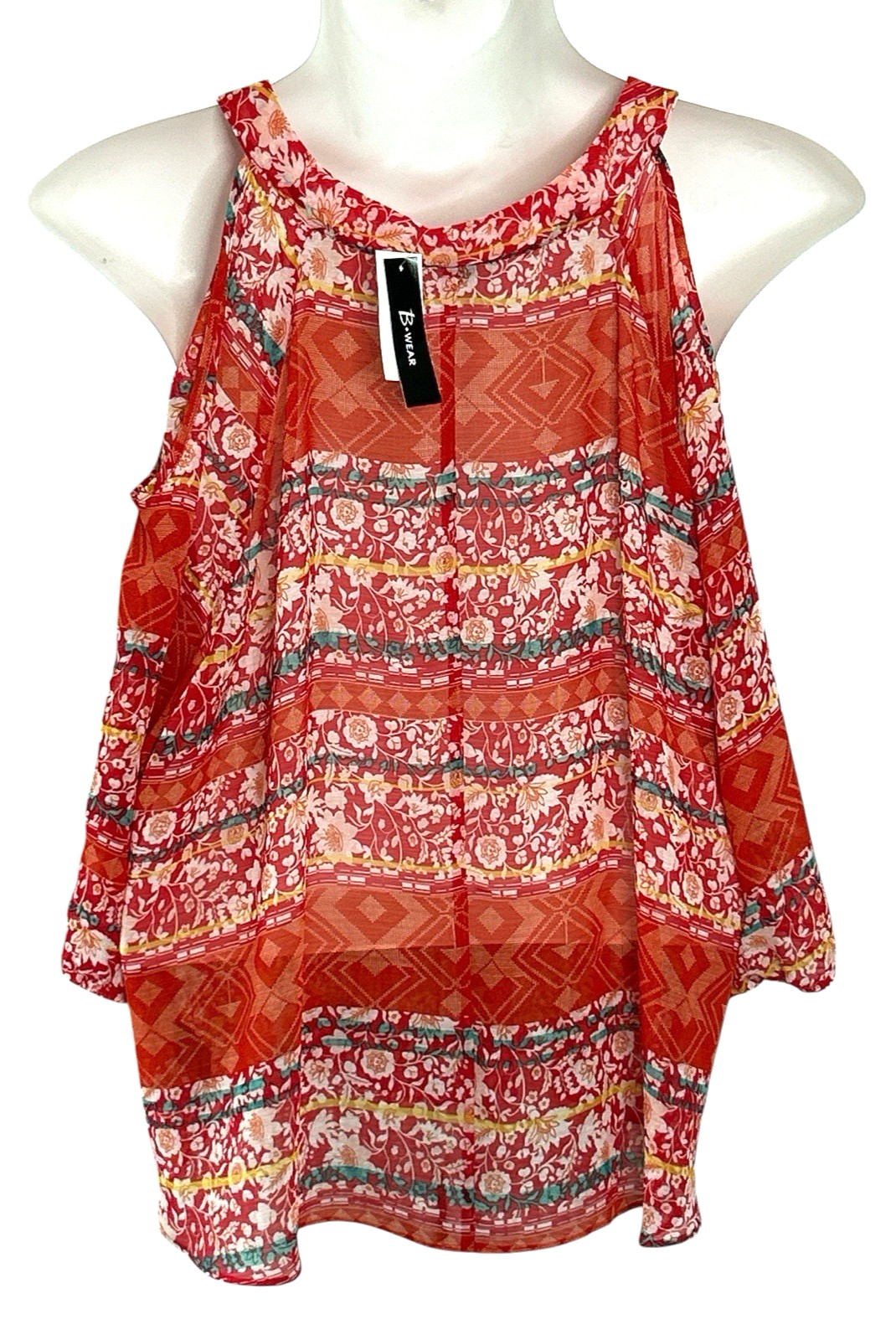 NWT B. Wear Chiffon 3/4 Cold Shoulder Tie Front Pleated Blouse, Orange, Size 3X