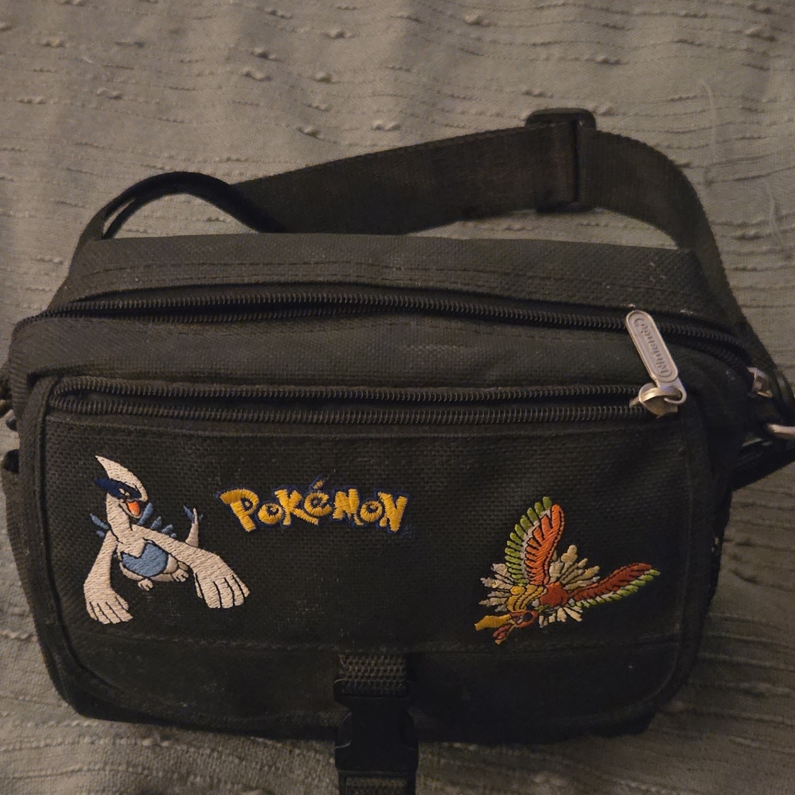 Pokemon Lugia Ho-Oh Black Small Crossbody Bag, Zip Closure, Pockets Strap